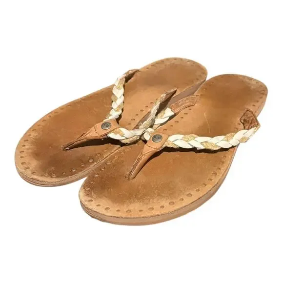 UGG Women's Thong Sandals Size 9 White Brown Flip Flop Braided Leather - Picture 6 of 7